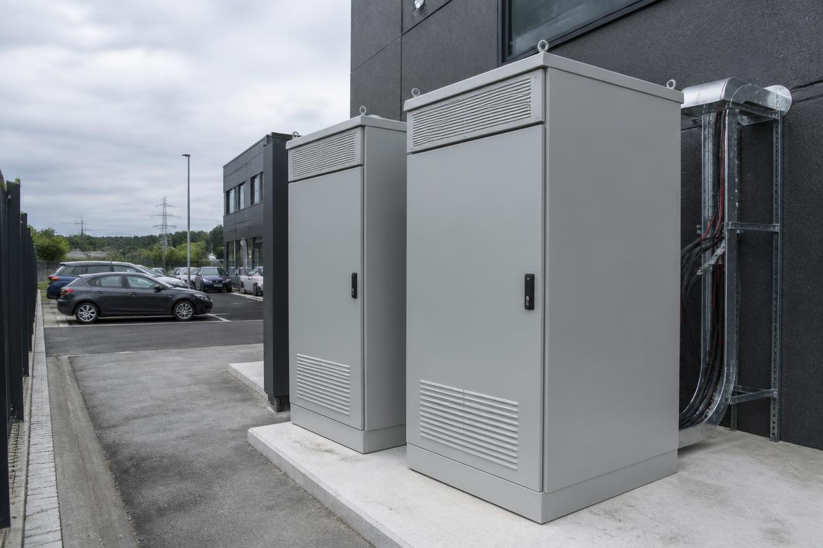 Batterijkasten in buitenopstelling naast een gebouw